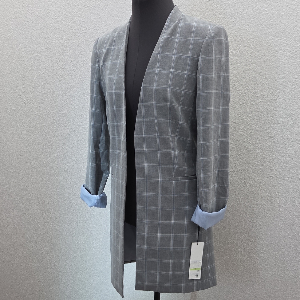 Gray Windowpane Longline Blazer